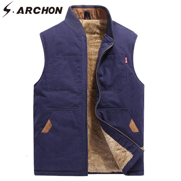 

men's vests s.archon winter fleece cargo vest coat men cotton sleeveless waistcoat military warm outwear casual heated big size, Black;white