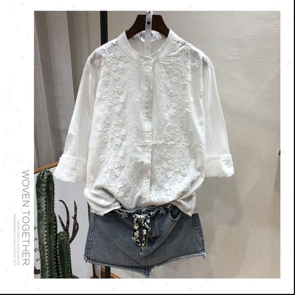 

3d flowers stitch embroidery long sleeve embroidery cotton shirt blouse mori girl drop shipping good quality, White
