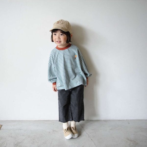 

2021 spring wear korean children's cotton stripe long sleeve t-shirt girls' printed round neck casual bottom coat, Blue