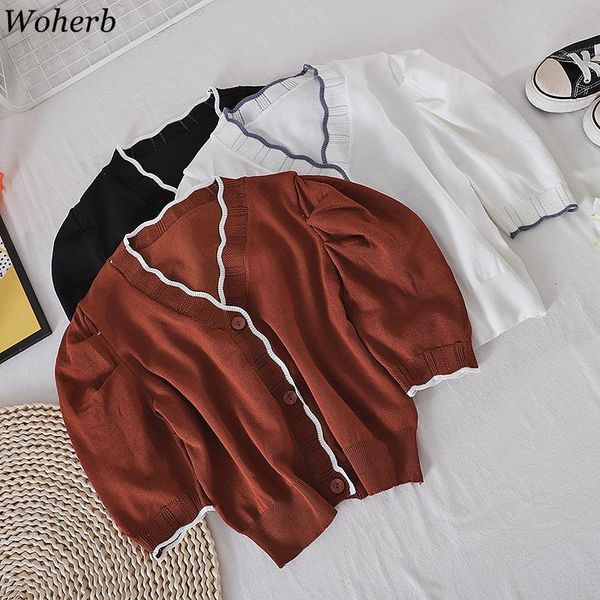 

women's knits & tees woherb women knit cardigan summer thin short puff sleeve v neck office lady solid cardigans chic korean kardigan, White