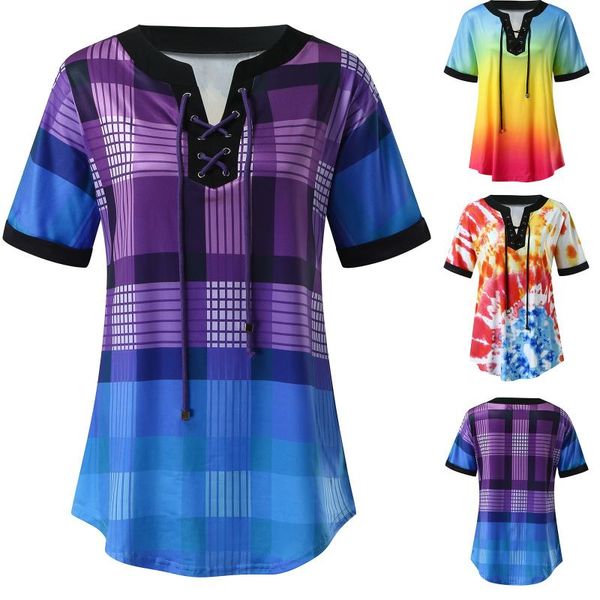 

women's blouses & shirts tie-dyed blouse plaid elegant summer 2021 bandage v-neck ladies shirt oversize tunic plus size, White