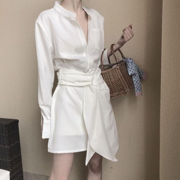 

casual dresses [ewq]2021 spring autumn long-sleeved stand collar fashion trend ladies shirt dress korean lace design white lady qz806, Black;gray