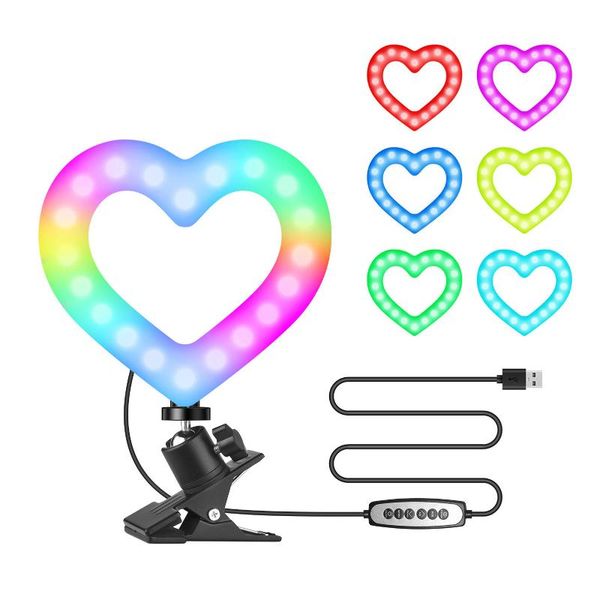 

flash heads 6 inch rgb video light heart-shaped led fill clip-on lapconference lighting dimmable usb powered for live streaming