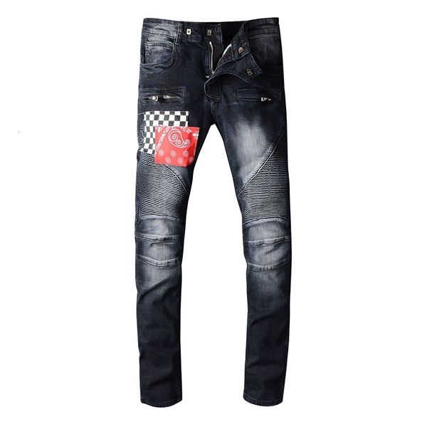

large size 28-42 fashion streetwear men denim pants slim fit hip hop black pleated patch slim-fit jeans trouser lh5l, Blue