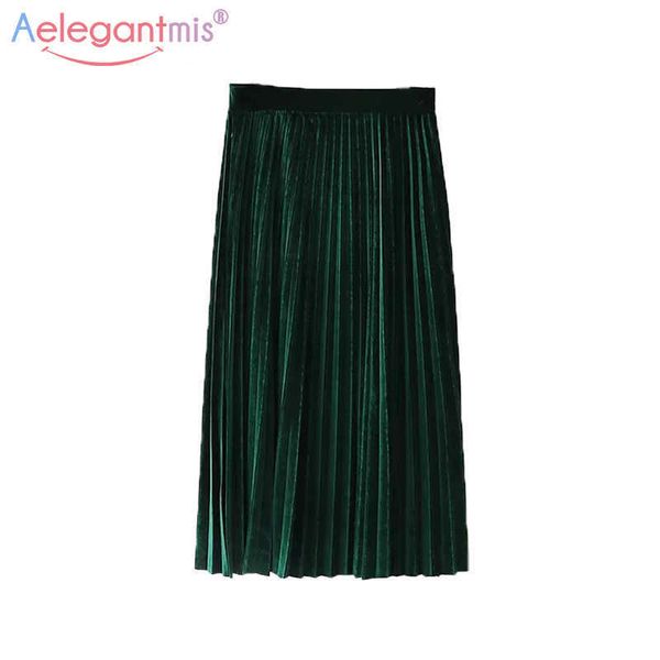 

aelegantmis women spring velvet pleated long skirt solid casual high waist ladies big hem fashion elegant s 210607, Black