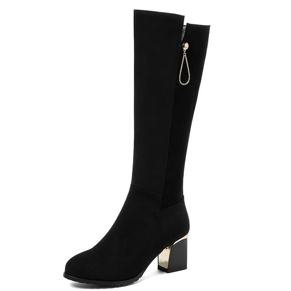 

simple decorative metal thick heel knee-length herd boots matte leather velvet heels high winter long tube women's shoes xlwr, Black