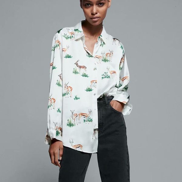 

new 2021 women summer shirt blouses animal printing long sleeved vintage turn down collar lady fashion outerwear shirts qadw, White