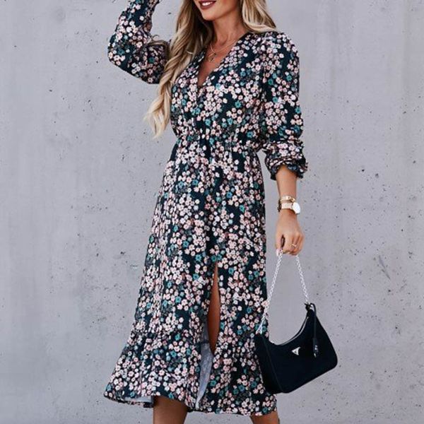 

women v neck floral print split slim long sleeve casual leopard elastic waist female boho long maxi party dress, Black;gray