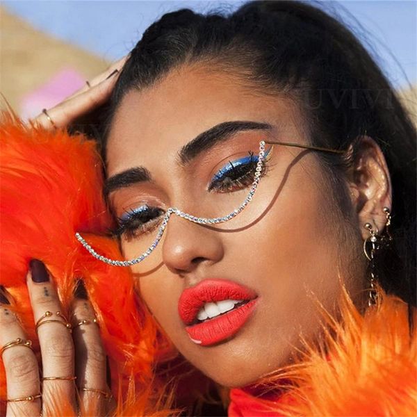 

Fashion Diamond Glasses Frames For Women Luxury Half Frame Sunglasses Women Rhinestone Eyeglasses Wave Frames Eyewear Decoration, White;black