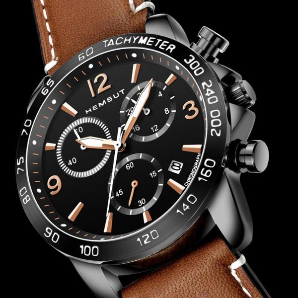 

wristwatches hemsut men watch chronograph watches brown genuine leather band 3atm water resistant quartz clock 2021, Slivery;brown