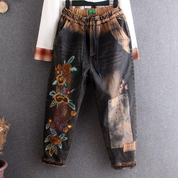 

women's jeans hight waist ripped hole embroidery women denim pants jogger fashion casual long loose harem trousers boyfriend streetwear, Blue