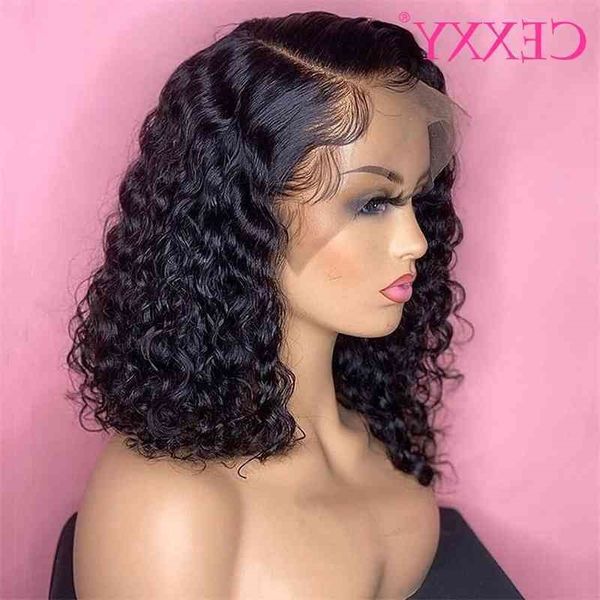 

bob cexxy short curly front human s with baby hair brazilian 4x4 lace closure for women deep wave wig pre pluck, Black