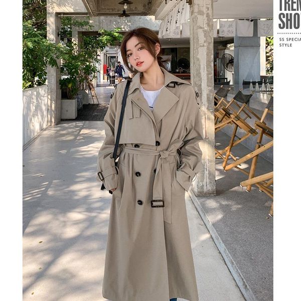 

leiouna solid slim plus size 2021 new fashion autumn spring women coat korean belt double breasted ladies long female coats, Black