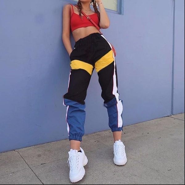 

patchwork long harem pants women sweatpants high side striped black trousers elastic waist fitness workout fi226, Black;white