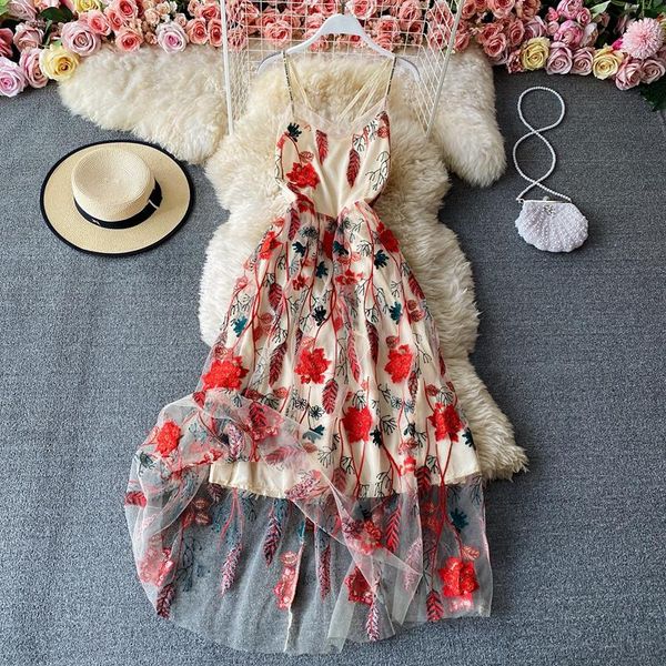 

casual dresses zcwxm summer women bohemian dress embroidery floral backless vintage mesh spaghetti strap evening party, Black;gray