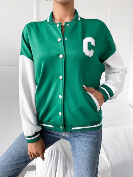 

letter patched striped trim drop shoulder bomber jacket l4sg#, Black;brown