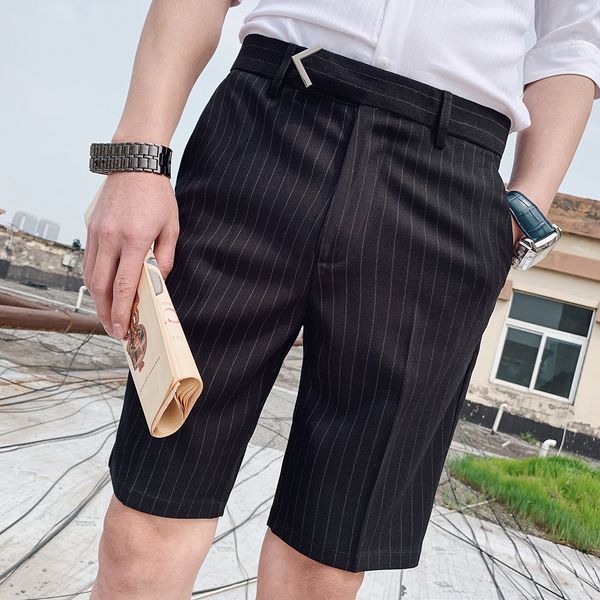 

2021 striped in business clothes summer short wedding social office streetwear casual pants homme suit oepn, Black