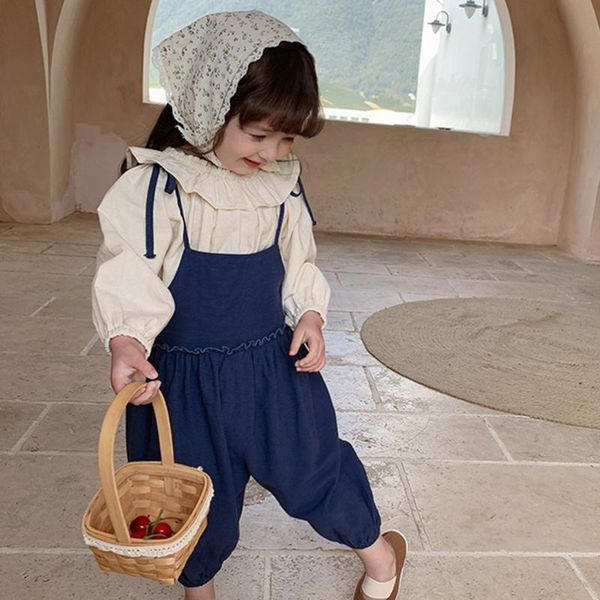 

sweet girls cotton linen pants ruffles lace suspender bodysuit for toddler girls clothes children pants trousers meisjes broek, Blue