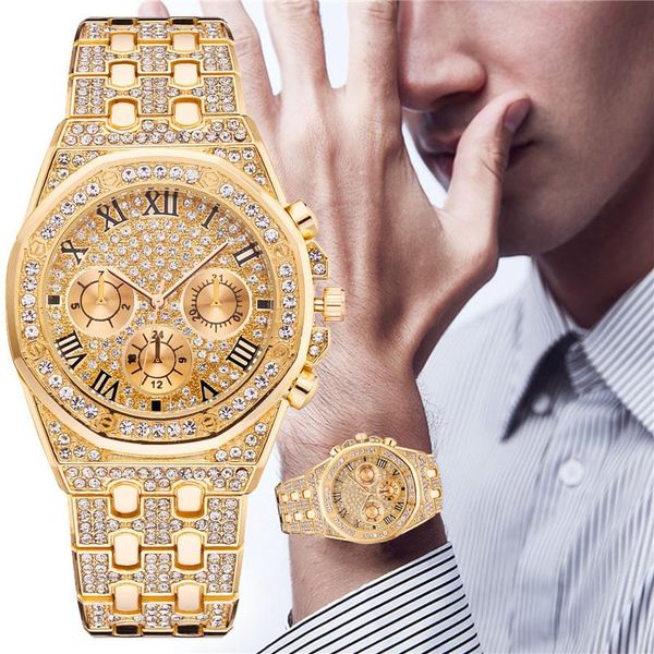 

wristwatches men luxury watches full diamond gold stainless steel quartz clock gift relogio masculino, Slivery;brown
