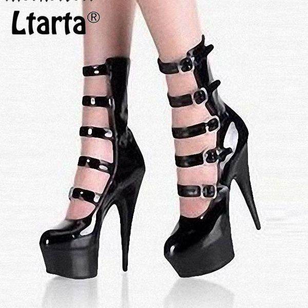 

boots ltarta women fashionable hollow belt buckle 15cm super high-heel low-barrel shoes dance show single shoe lyp-c-0221, Black