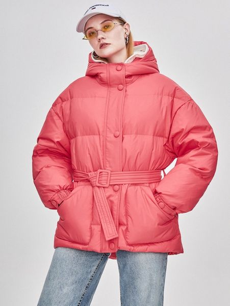 

jazzevar button front belted hooded puffer coat 38da#, Black