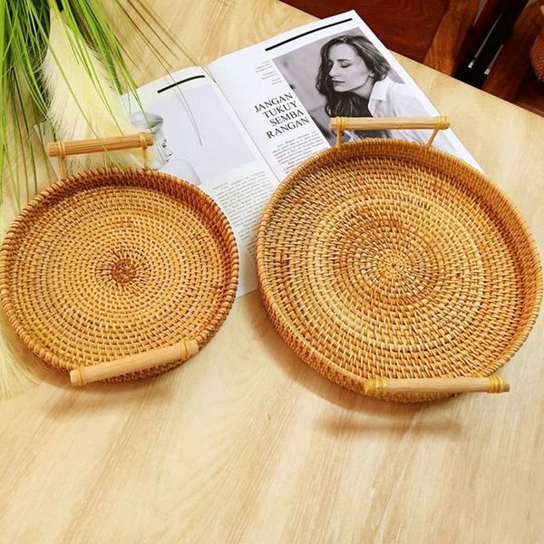 

kitchen storage & organization handwoven rattan tray with handle round wicker basket bread food plate