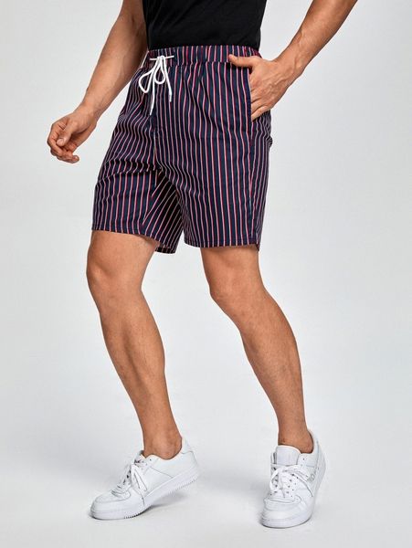 

men striped slant pocket drawstring shorts 82fn#, Black