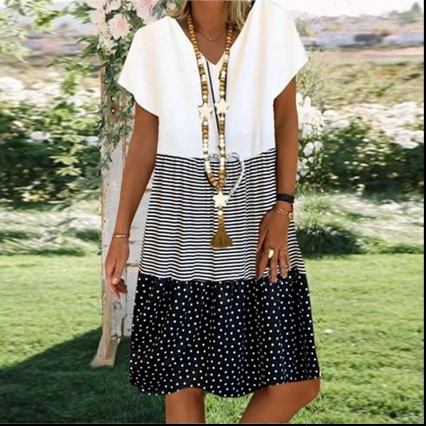 

vintage v neck striped dots print party dress women spring summer short sleeve dress elegant plus size patchwork casual dresses, Black;gray