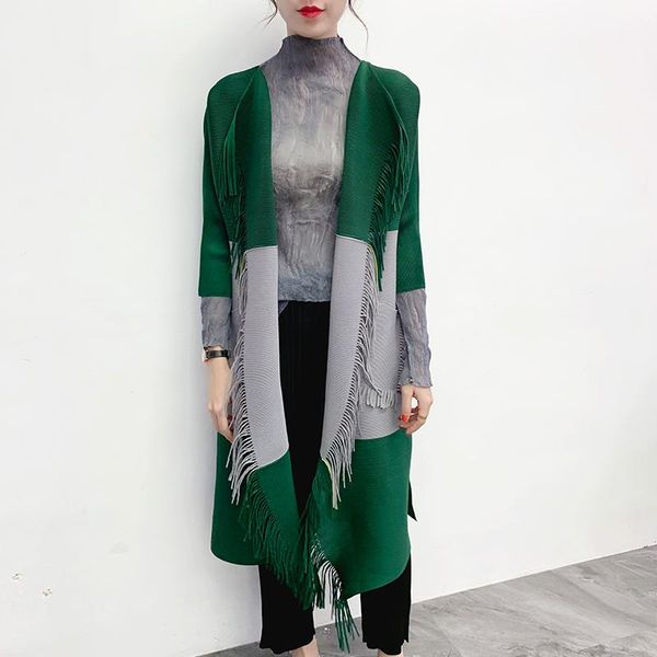 

women's trench coats patchwork coat for women miyake pleats please turn-down collar tassel open stitch trenches loose casual plus size, Tan;black