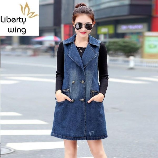 

women's vests long style womens denim vest double breasted autumn belts loose fit outwear coat large size 3xl washed female jeans jaque, Black;white