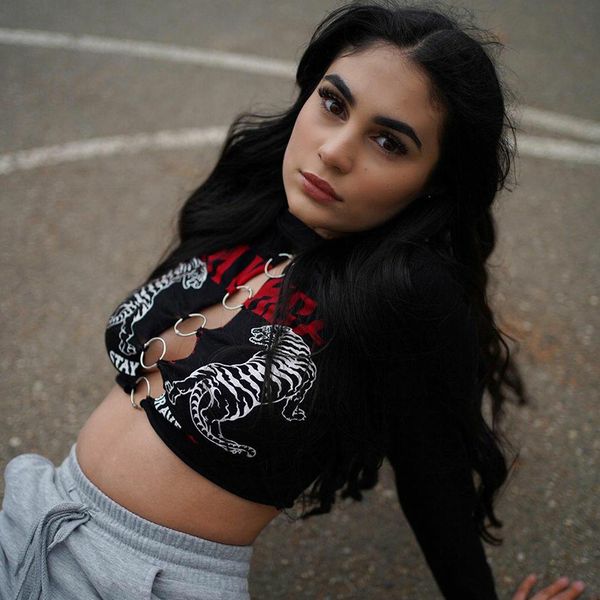 

hollow out t shirt women tee long sleeve gothic punk letter printed crop autumn streetwear slim female, White