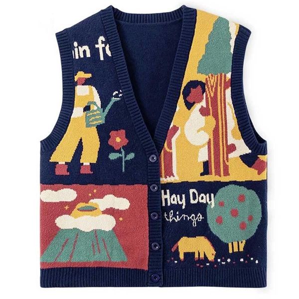 

women's sweaters women streetwear vest cartoon character print knitwear vintage harajuku loose sleeveless v-neck fall couple, White;black