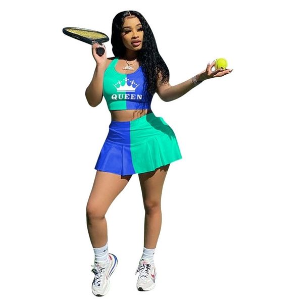 

sporty women two 2 piece outfits set tank and pleated skirts jogger fashion sweatsuit matching active tracksuit 210525, White