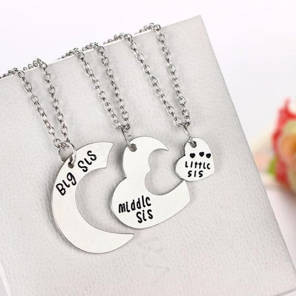 

big sis middle sis little sister 3 piece necklace set friend cut heart necklace family jewelry, Silver