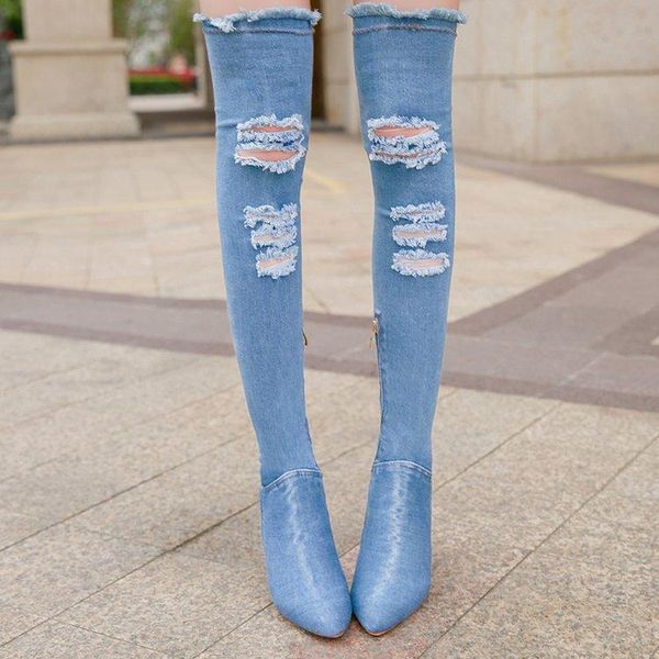 

boots 2021 women est hollow out pointed toe over knee blue denim lace-up gladiator long high heel jean shoes, Black