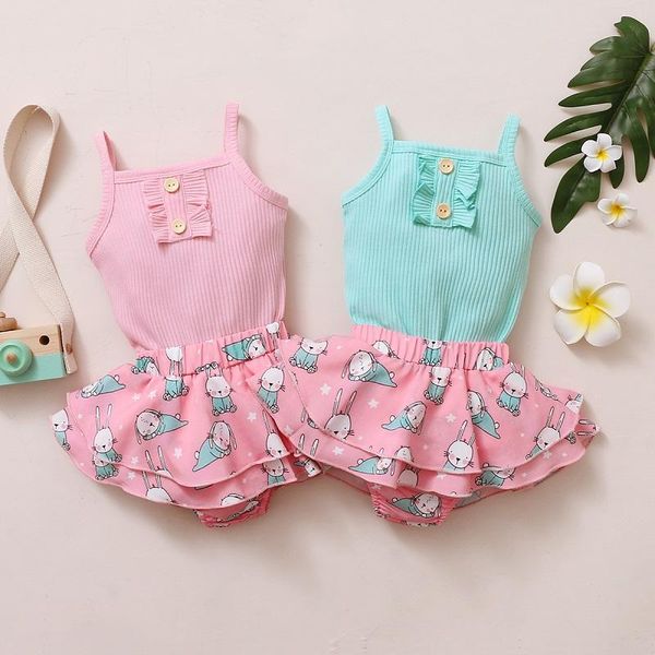 

0-24m cute newborn baby girl strap cotton bodysuit print skirted bloomers shorts 2pcs outfits summer clothes set, White