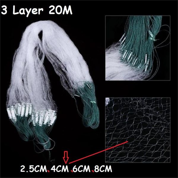 

3 layer 20m fishing sinking mesh trap monofilament gill net netting tackle with float outdoor 20m x 1m/1.2m 2.5cm 4cm 6cm 8cm