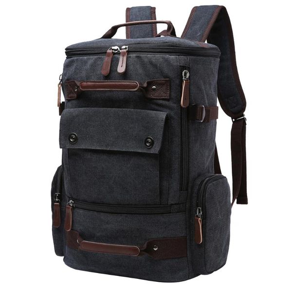 

backpack men school bag solid camping large capacity zipper closure casual lapmulti pocket canvas with button handle