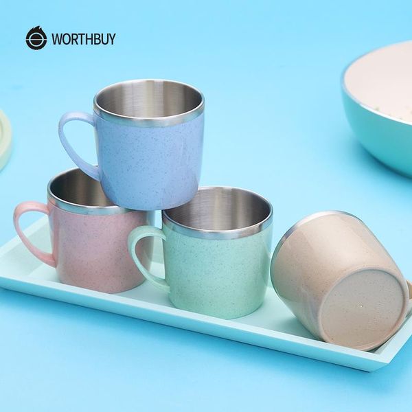 

worthbuy kids water cup 304 stainless steel coffee mug cup for children kitchen drinkware wheat straw mug with handle