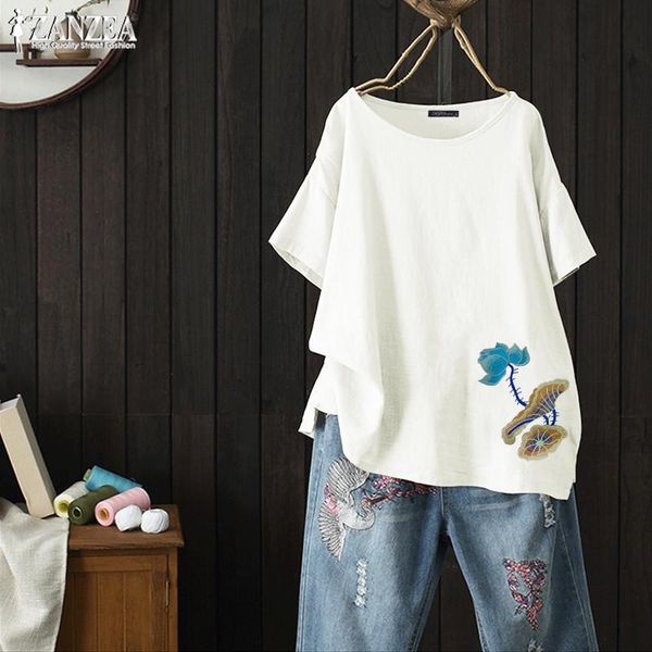 

women's blouses & shirts 2021 zanzea vintage embroidery summer casual short sleeve blouse female o neck floral blusas plus size tunic, White