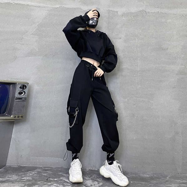 Qwek Punk Carga Oversized Pant Gothic Streetwear Cadeia Preta Harajuku Hippie Coreano Street Estilo Calças Hip Hop 210608