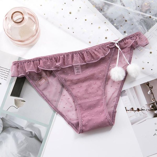 

women's panties ruffle pompom lace briefs thongs g-string dots with plush ball underwear female lingeries, Black;pink