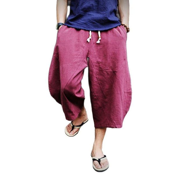 

men's pants summer chinese style linen trousers casual cotton seven point wide leg harajuku clothing large size 5xl, Black