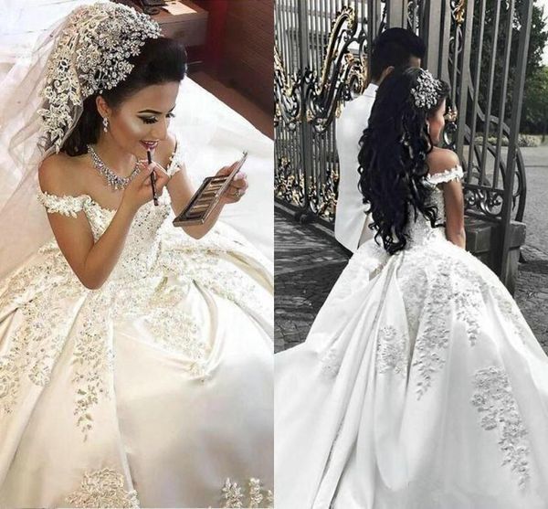 Vestidos de bola de cetim com tiras Apliques de renda com miçangas trem do ombro vestido de pássaros de casamento personalizado vestido 403