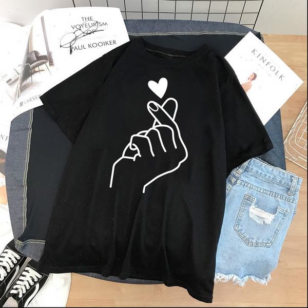

womens t shirt harajuku love casual t shirt female heart gesture print black shirts girls summer fashion clothes, White