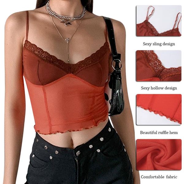 

camisoles & tanks lace edge decoration transparent crop women sleeveless breathable not detachable pad comfort female tank, Black;white