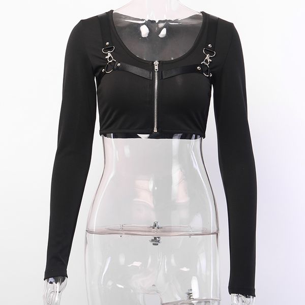 

black long sleeve women crop gothic punk short zipper patchwork bodycon female autumn streetwear tshirt, White