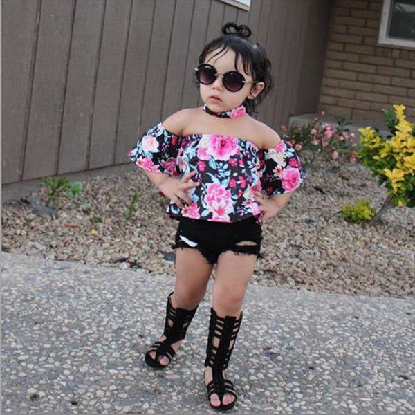 

childrens denim suit girls floral off shoulder ripped shorts with matching headband outfit free, White
