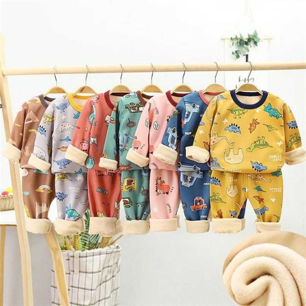 Kinder Pyjamas Winterkinder Kleidung Sets warmer Fleece -Pyjama für Jungen verdicken Dinosaurier Mädchen Nachtwäsche Baby Thermal Unterwäsche 211023