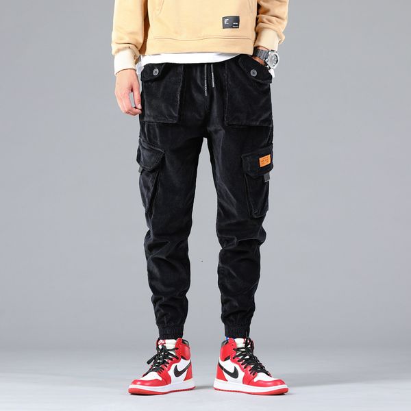 

2021 new fashion streetwear men jeans big pocket elastic casual corduroy cargo pants black brown designer hip hop joggers loose trouser mgsv, Blue